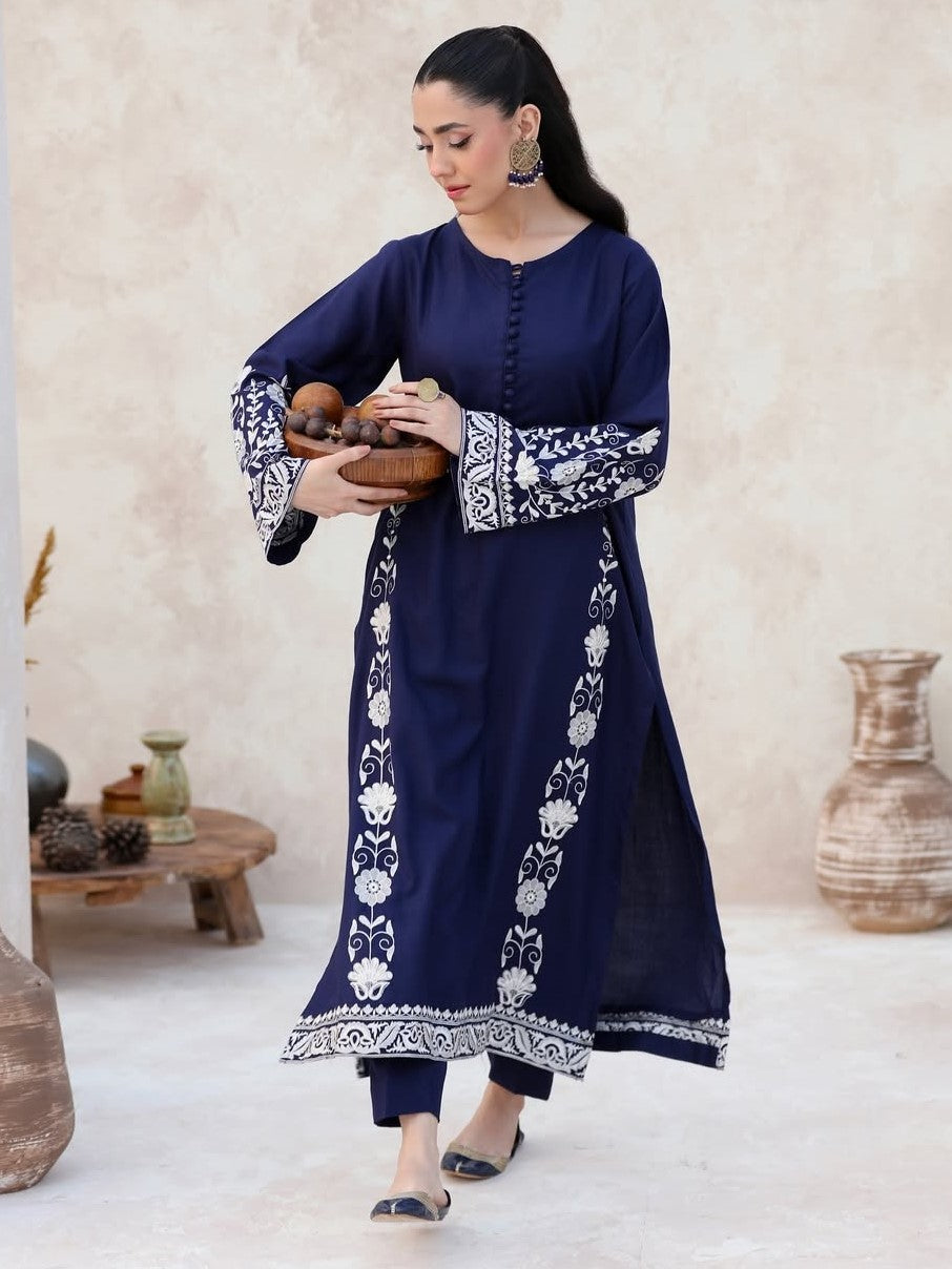 Noor-e-Nazakat LONG LENGTH (Navy & White) - Embroidered Dress