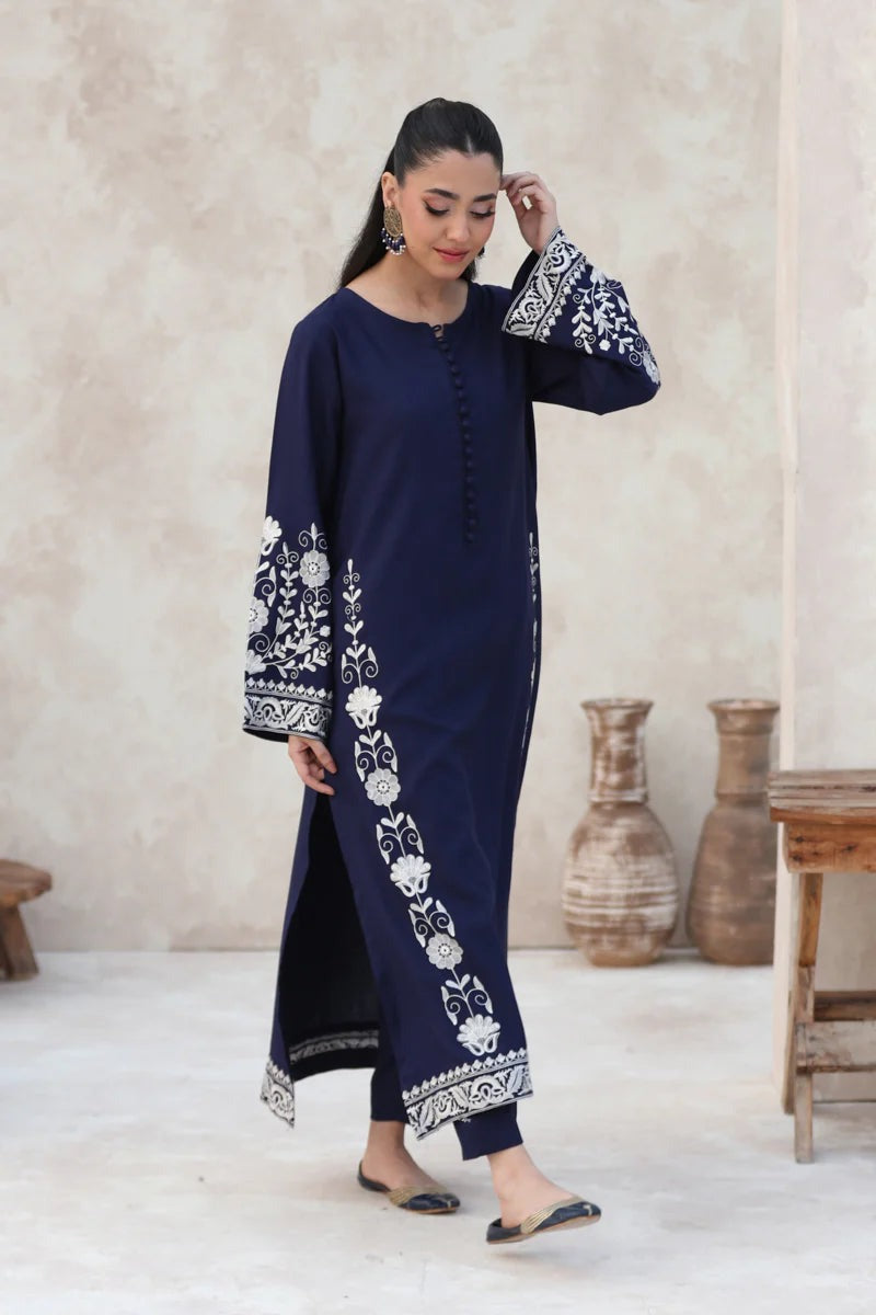 Noor-e-Nazakat LONG LENGTH (Navy & White) - Embroidered Dress